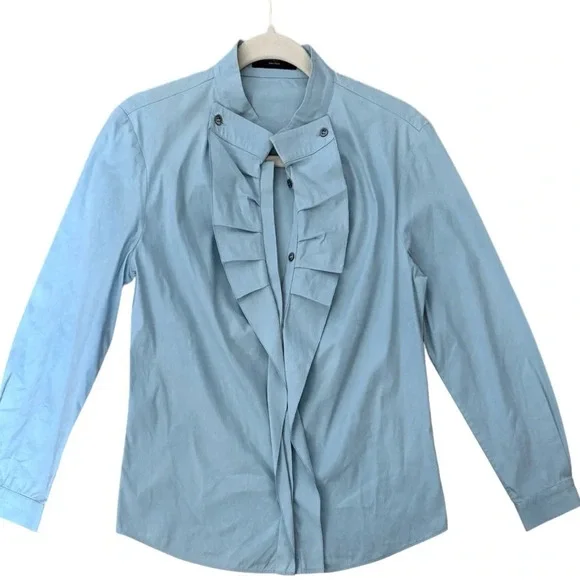 Piazza Sempione Light Blue Ruffle Button Down Shirt Blouse Made in Italy Sz M/8 - Picture 1 of 16